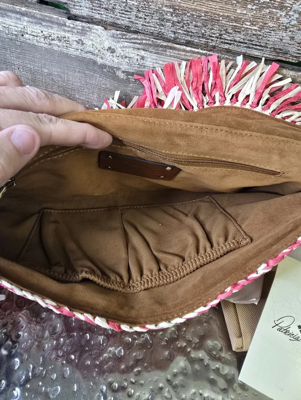 Patricia Nash Pink & Natural Raffia Fringe Clutch With Crossbody Strap, NWT